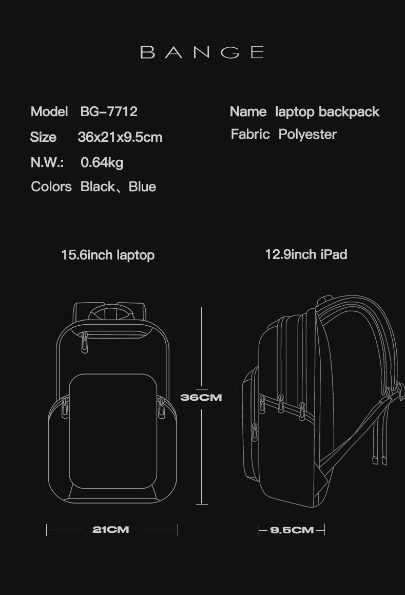 Bange Raven Laptop Backpack Multi-Compartment Water Resistant (15.6”) Fashion Beg Laptop College Backpack