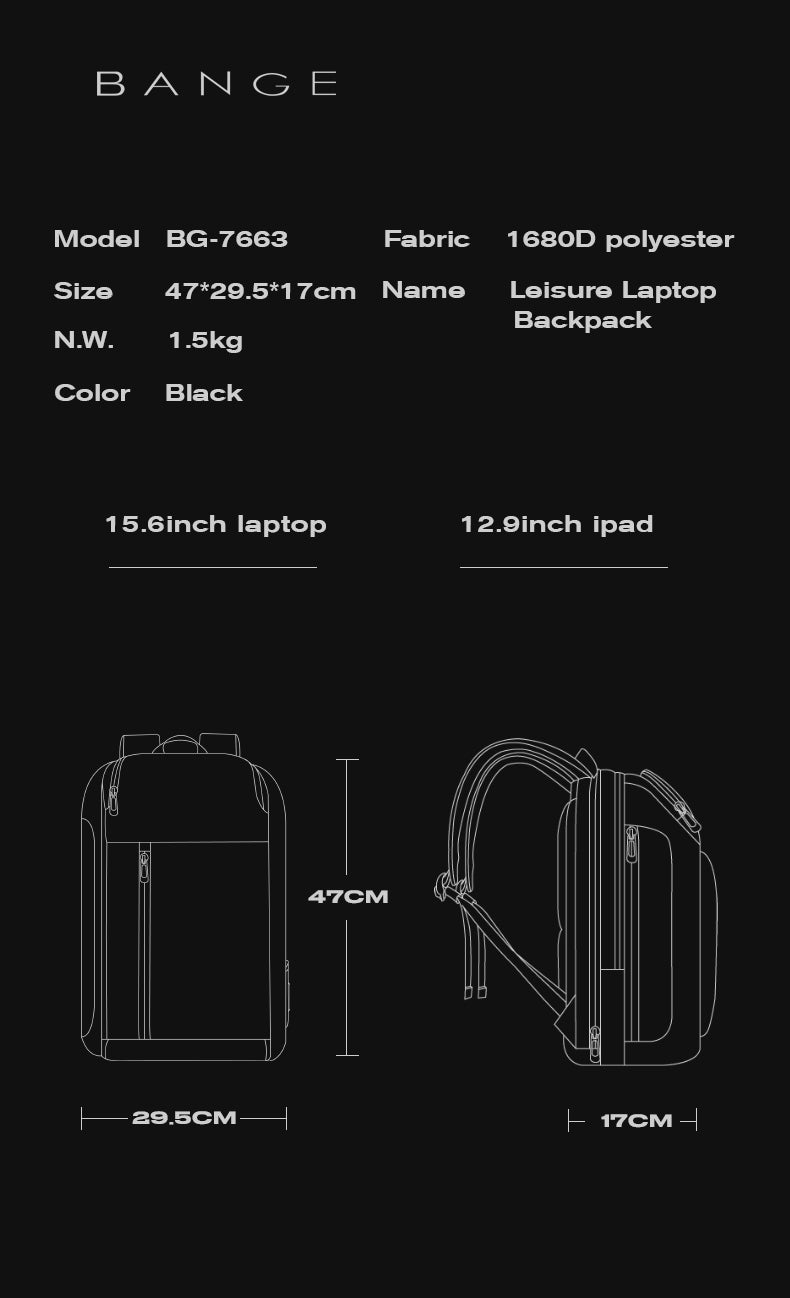 Bange Titan Laptop Backpack Water-Resistant and Multi Compartment USB Charging Business Professional Travel (15.6")