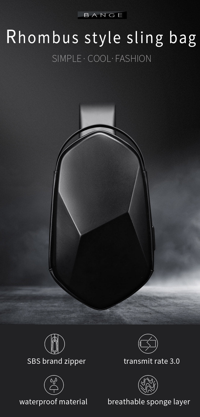 Bange Prism Multi Compartment Water-Resistant Sling Bag with USB Charging Port