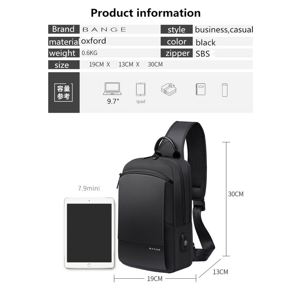 Bange Luxray Light Big Capacity Multi Compartment Card Pocket Water Resistant Anti Theft Sling Bag with USB Charging Port