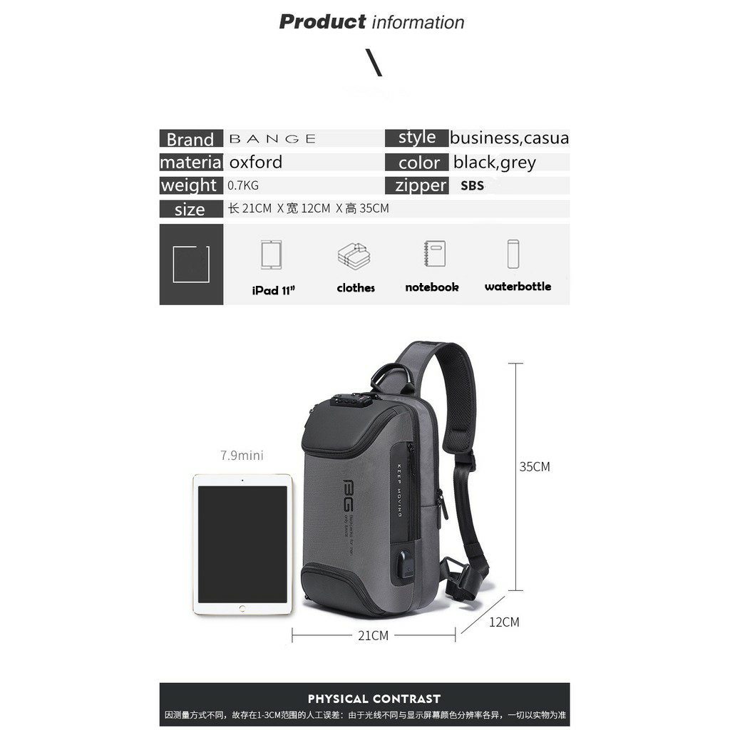 Bange Jero Anti Theft Multi Compartment Travel Business Sling Bag with TSA Lock and USB Charging Port