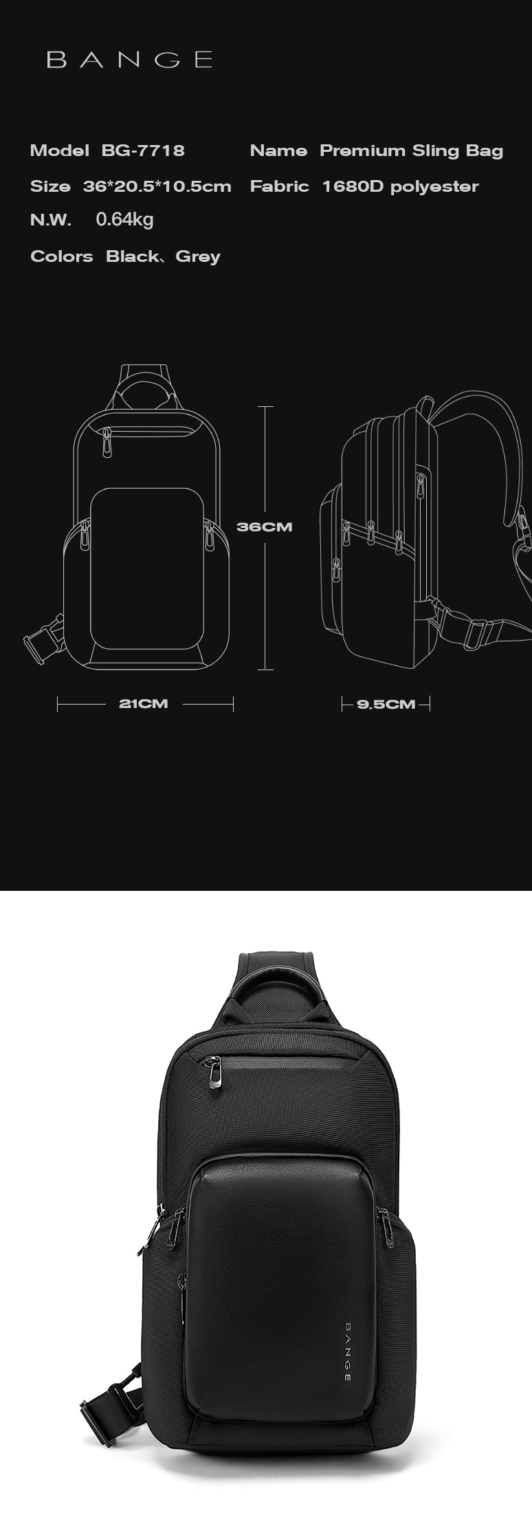 Bange Raven Sling Bag Shoulder Bag Crossbody Bag Men’s Bag Multi Compartment Water-Resistant Fit 11inch Ipad
