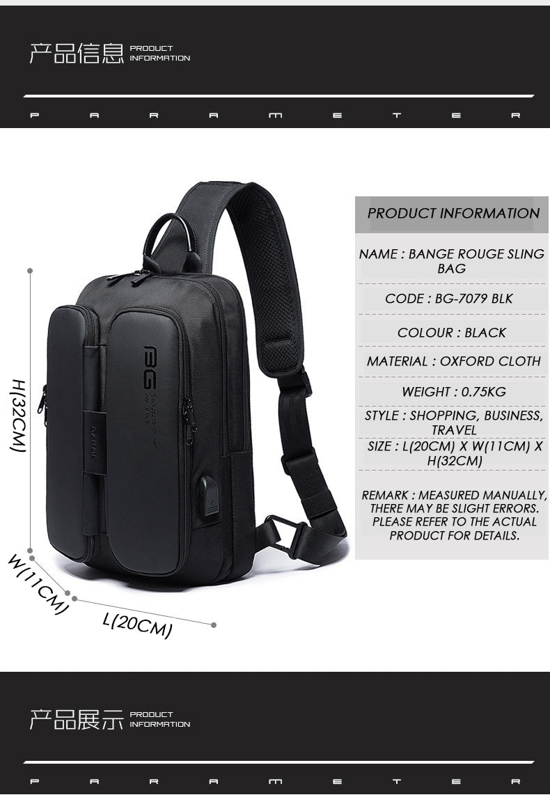 Bange Rogue Large Capacity Multi Compartment Travel Business Men Sling bag with USB Charging Port